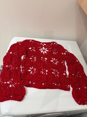 Women's Red Crochet Openwork Sweater Shrug - Lightweight Layering